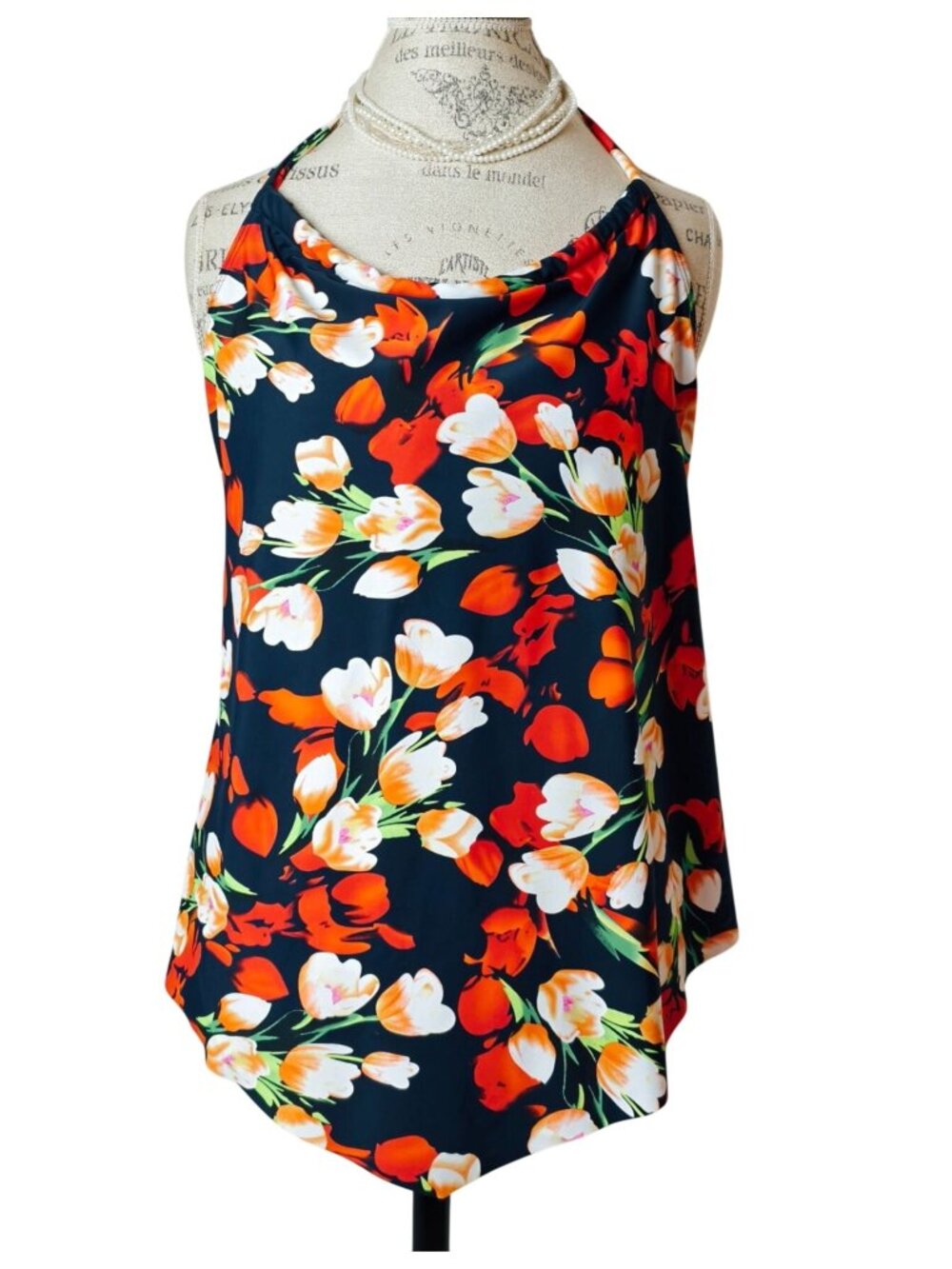 Island Pearls Womens 18 Swim Halter Tankini Top Floral Navy Orange  Swimwear